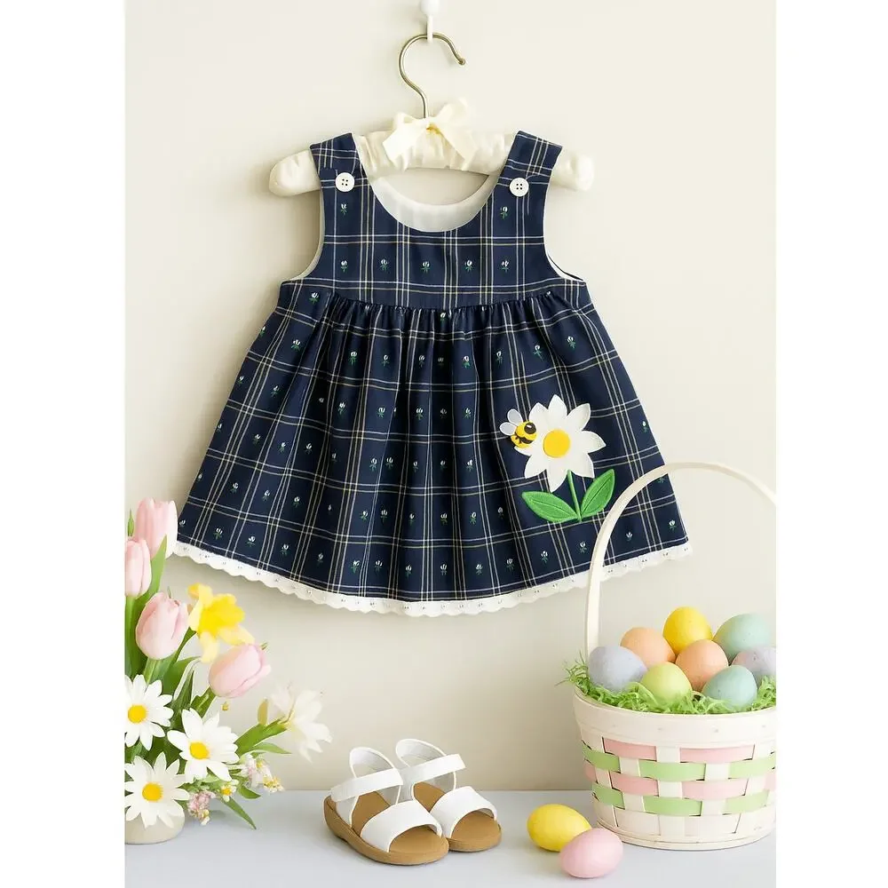 Vintage 1980s Good Lad Blue Daisy & Bumblebee Jumper Dress | Baby 18 M | NWT